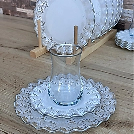 18 parça Cam Dantelli Gümüş Detaylı Çay Seti