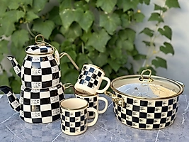 Damalı Emaye 5li Çaydanlık, Kızartma Tencere ve Kupa Seti