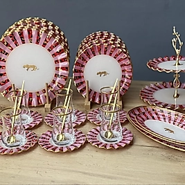 34 parça Kırmızı Leopar Kahvaltı&Çay Seti