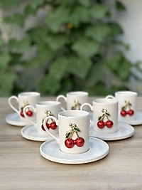 Kirazlı 6 Kişilik Porselen Lüks Kahve Takımı