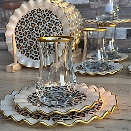 18 parça Leopar Desenli Cam Çay Seti